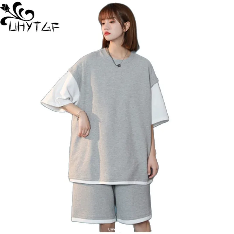 

UHYTGF Set Of Two Fashion Pieces For Women Cotton Pullover Top +Shorts Summer Sportswear Female Loose Loose Size Tracksuit 31