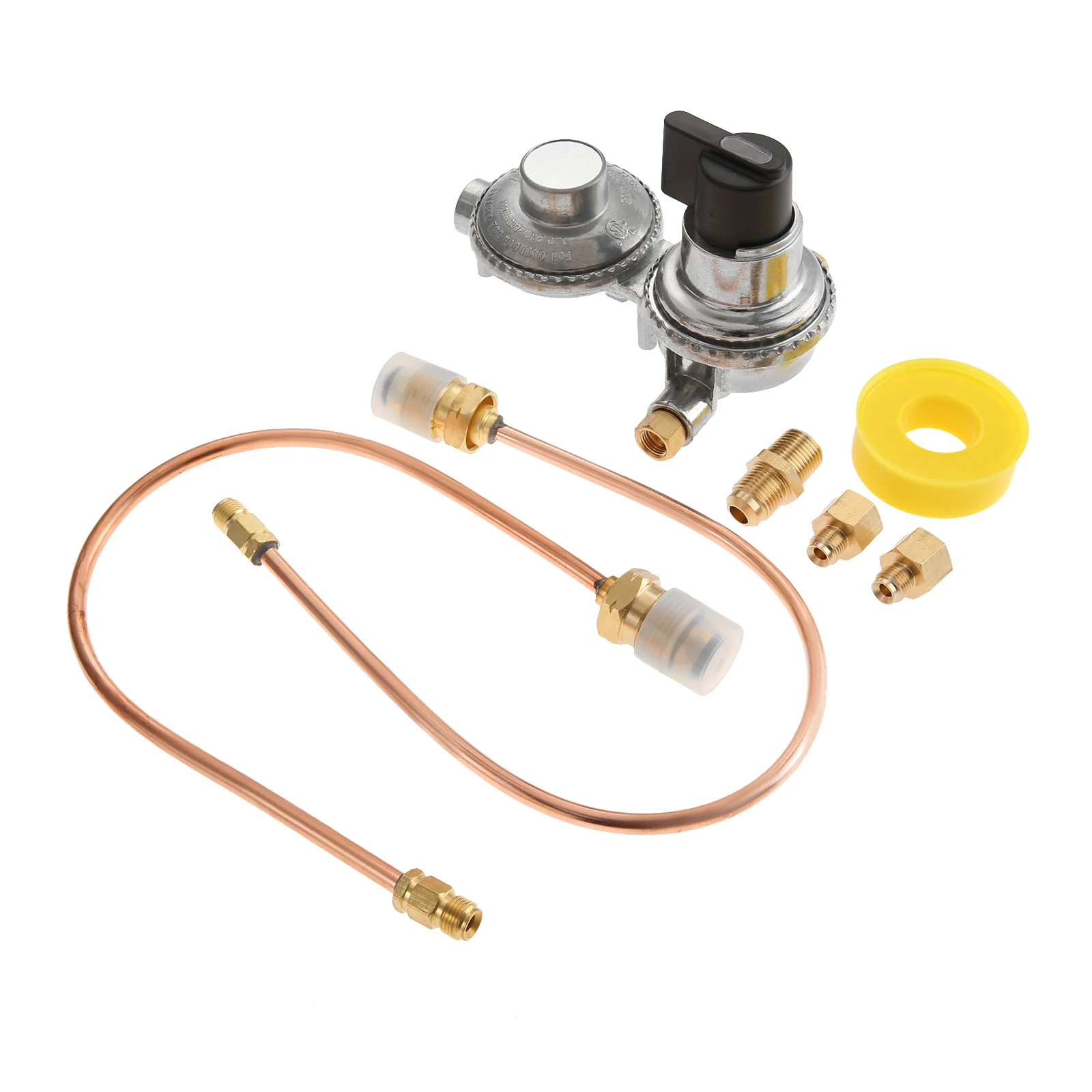 

2-ступенчатый автоматический переключающий бак для прицепа на колесах, регулятор пропана, 15-дюймовый пигтейльный шланг и разъем выхода 3/8 дюйма NPT, комплект подключения двойного бака