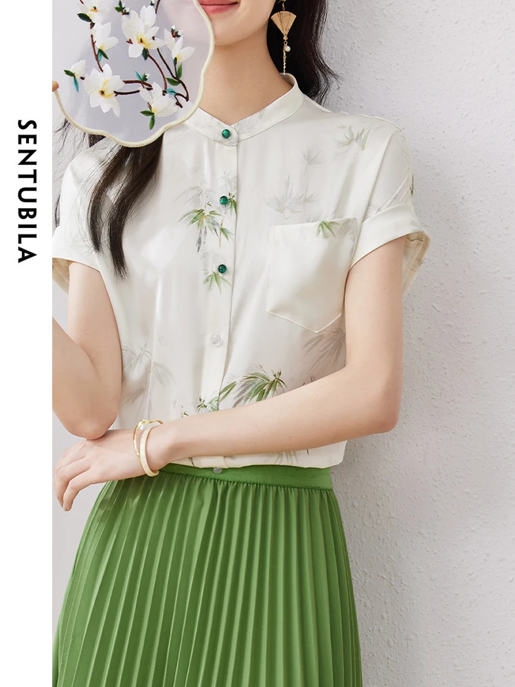 SENTUBILA Chinese Style Comfort Stand Collar Floral Shirt 2024 Summer Straight Button Up Elegant Blouses Womens Tops 132C50255