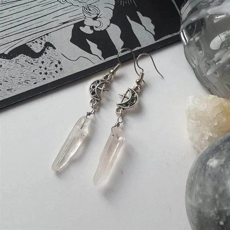 Gothic Quartz Moon Earrings Boho Witchy Stones Esoteric Celestial Alternative Goth Statement Jewelry Romantic Fashion Woman Gift