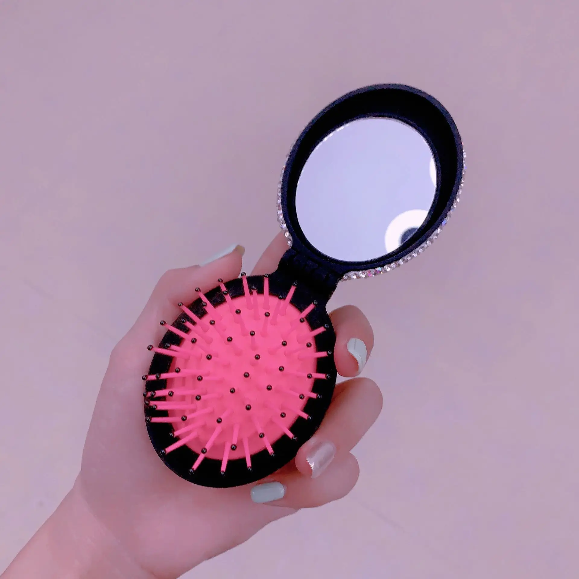 High appearance level Mini smooth hair folding air bag comb with mirror 2-in-1 portable creative diamond-studded small comb