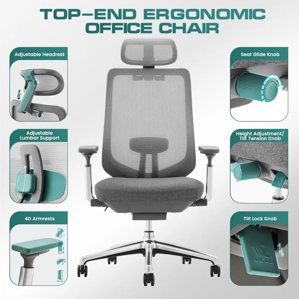 Kursi kantor jaring ergonomis, kursi meja eksekutif komputer punggung tinggi dengan sandaran kepala yang dapat disesuaikan dan lengan 4D, kursi geser, kunci kemiringan