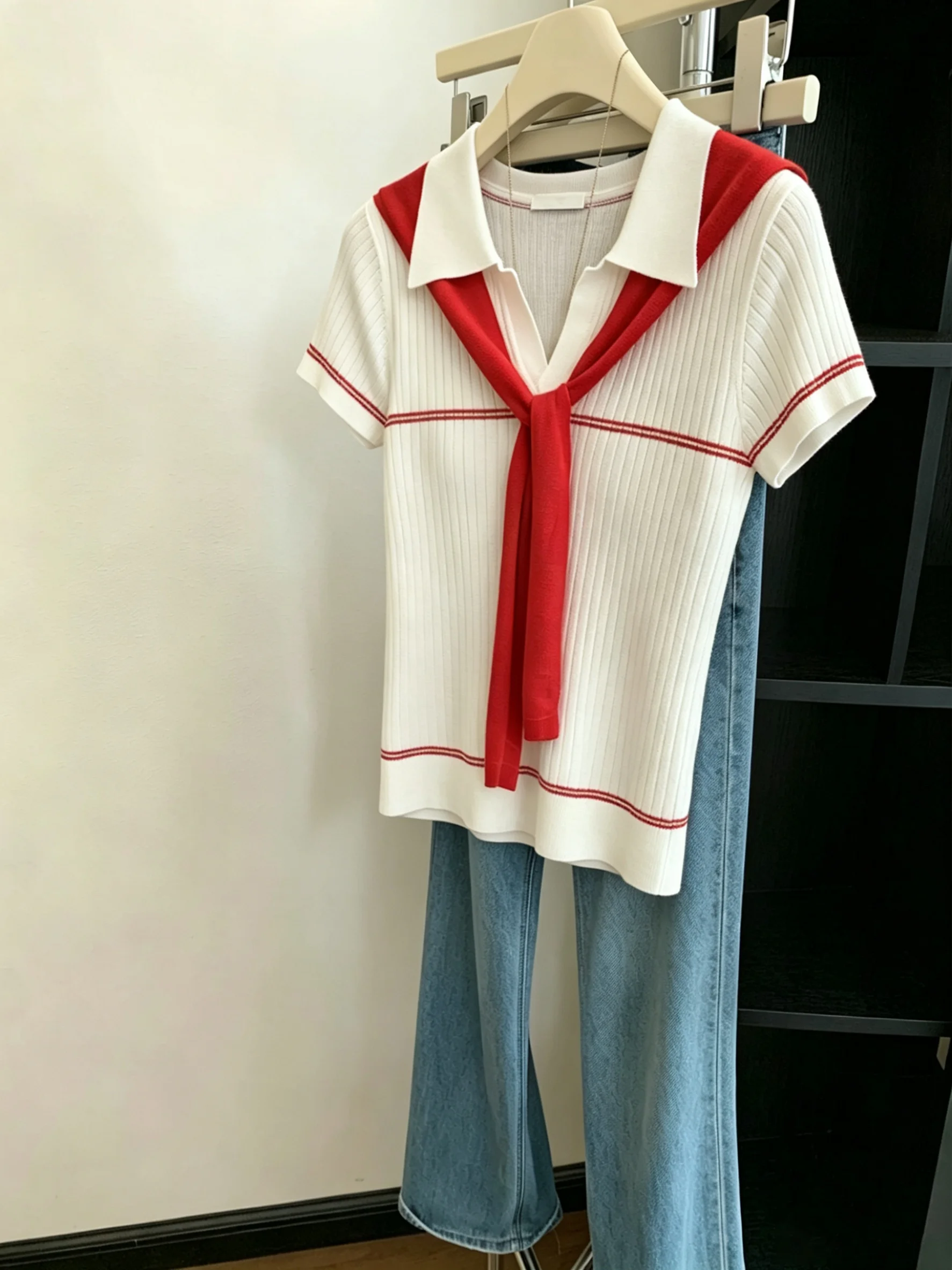 Casual Style Color Block Knitted Short Sleeve  Neck Shoulder Wrap for Men And Women Sweet Summer Versatile Loose Fit Top