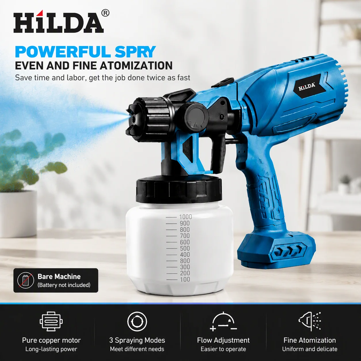 HILDA Cordless Paint Sprayer 1000ml Large Tank Electric Spray Gun 3 Spray Modes Adjustable Flow For Furniture For Makita Battery
