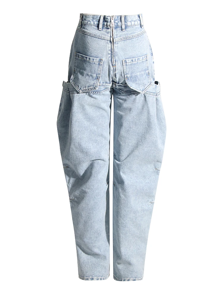 Deat Dames Jeans Hoge Taille Effen Kleur Deconstructie Rechte Wijde Pijpen Patchwork Vrouwelijke Denim Broek 2024 Herfst Nieuwe Mode