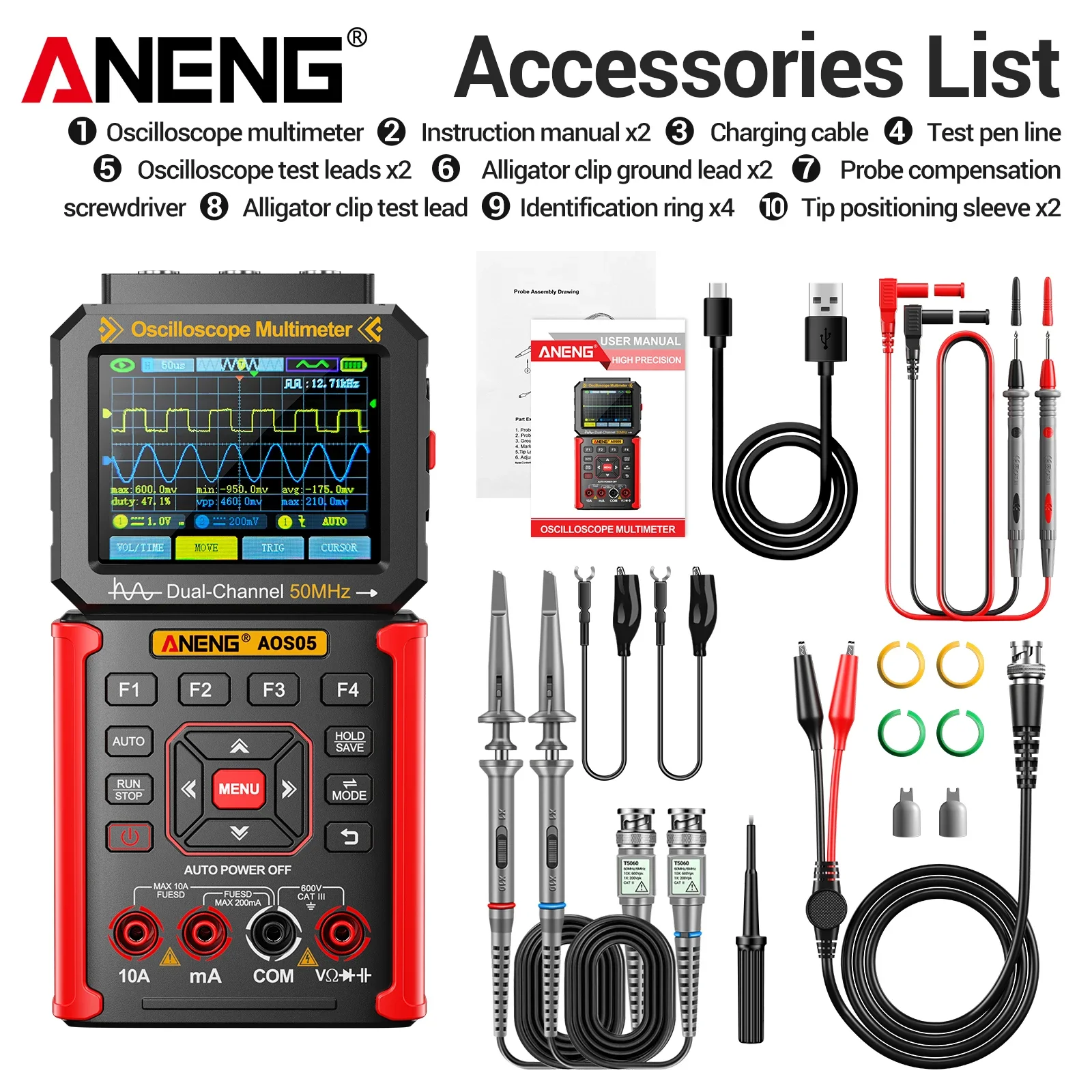 ANENG AOS05 50MHz Dual Channel Oscilloscope Multimeter Signal Gen 200MS/s Sampling USB Recharge Portable Test Measuring Tool