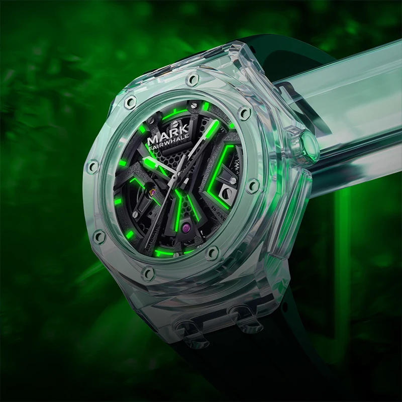 Polygonal Transparent Bezel Mechanical Watches Men Colours Silicone Luxury Top Quality Power Reserve Time Clock on Hand
