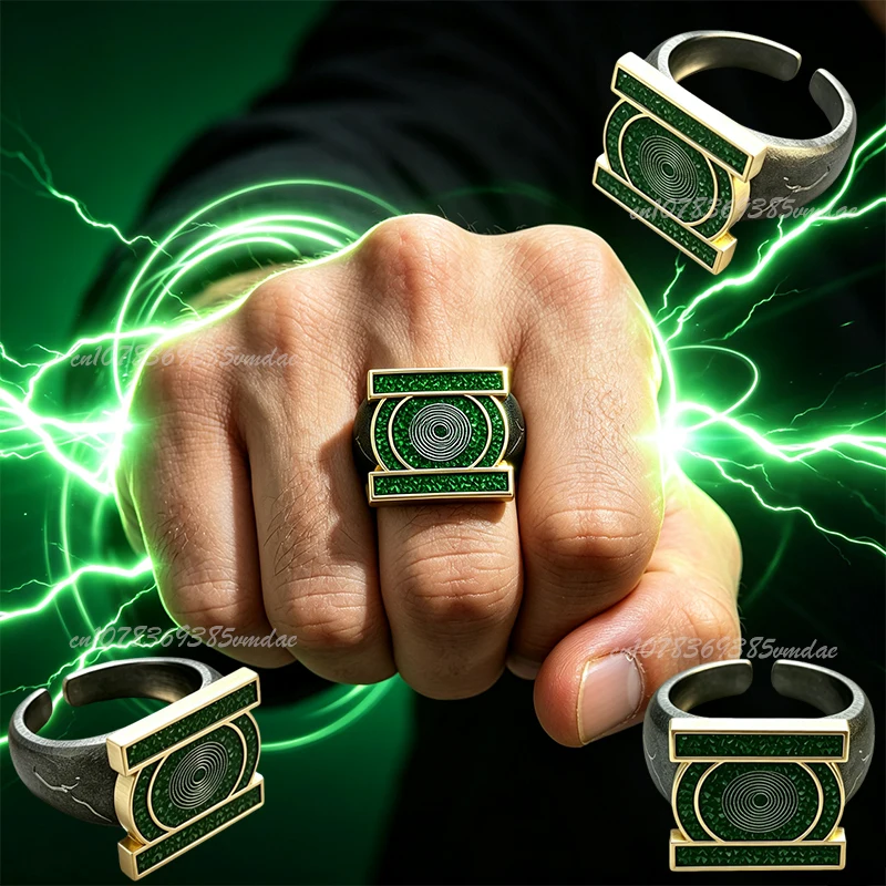 Pierścień z motywem zielonego latarniarskiego korpusu z 2026 roku, John Stewart, regulowany, otwarty pierścień, rekwizyt do cosplayu, kolekcjonerski przedmiot, zabawka, prezent dla fanów.