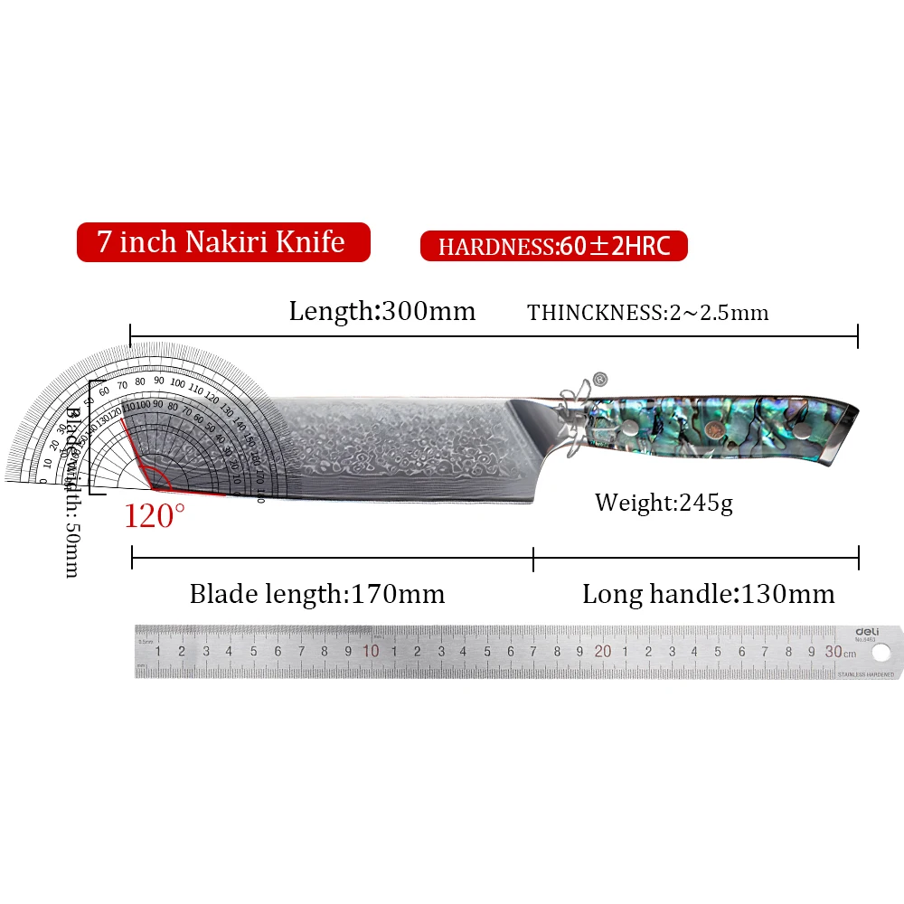 YAN Professional Japanese Damascus 7Inch Nakiri Knife 67 Layers VG10 Steel Sharp Kitchen Knife with Abalone Shell Handle