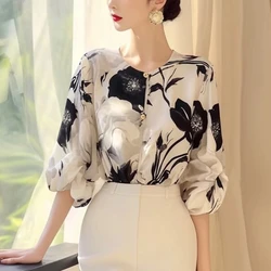 2024 New Summer French Elegant and Unique Versatile Chiffon Blouses Half Sleeves V-Neck Printed Panel Button Women's Shirt Top