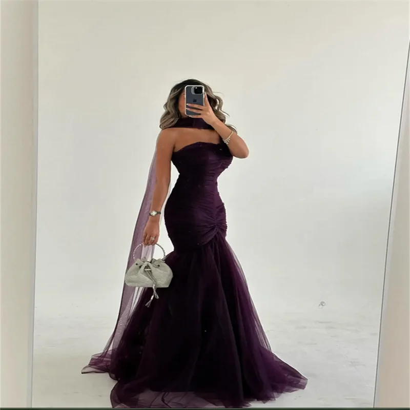 Vestido de fiesta sin tirantes elegante saudí para mujer, vestido de noche de fiesta de tul morado, largo hasta el suelo, vestidos para ocasiones formales personalizados