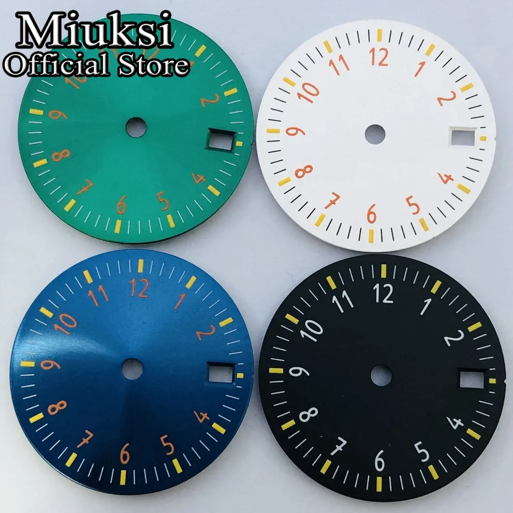 Miuksi 29mm black blue green white sterile watch dial luminous fit NH35 movement fit 3 o\'clock crown 3.8 o\'clock crown