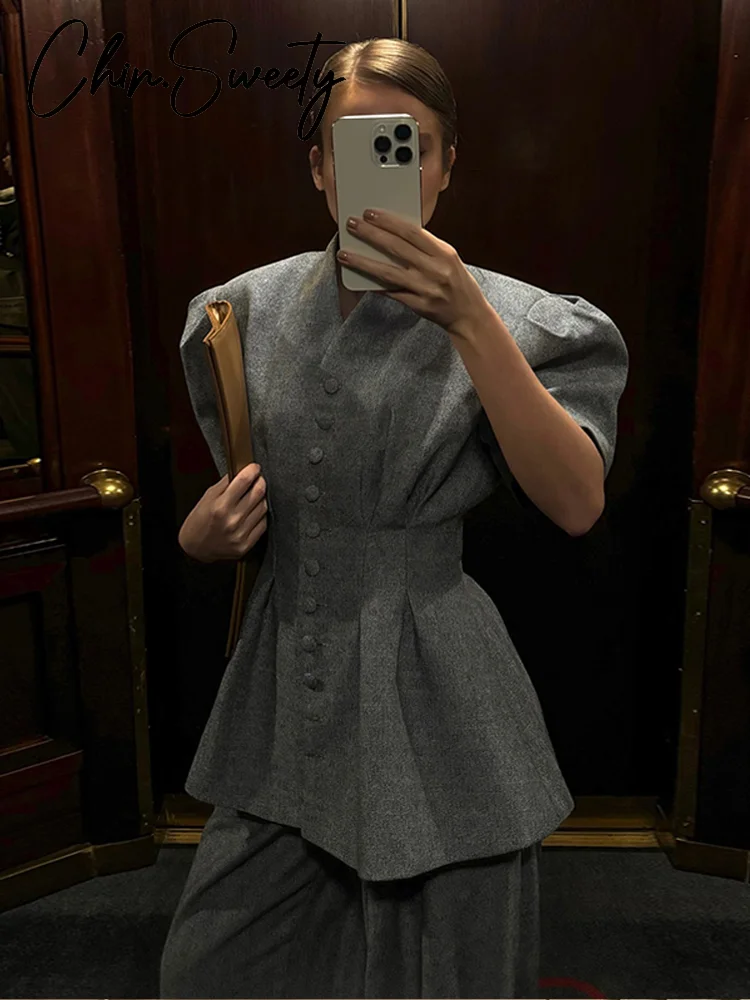 

Elegant Woolen Coat Pants Suit Casual Puff Sleeve Button V-neck Pleated Top Straight Trousers 2026 Spring Autumn Lady Outfit New