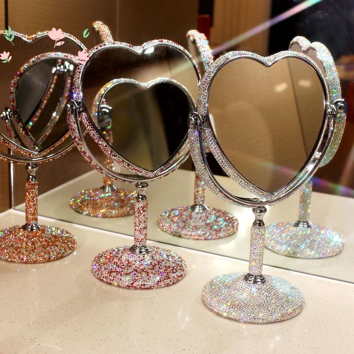 Diamond-encrusted heart-shaped vanity mirror Vertical household double-sided desktop mirror high definition enlarged vanity