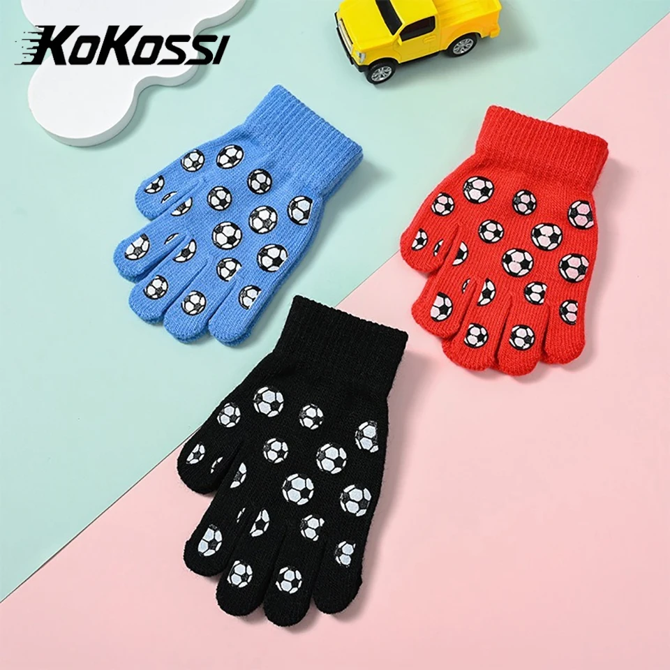 KoKossi Winter 4-8 Years Old Kids Thermal Knitting Gloves Outdoor Sports Soccer Cartoon Print Gloves Elementary Students