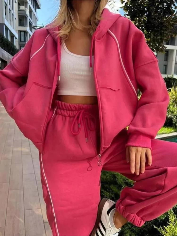 

Autumn Woman 2 Piece Set Outfit New Casual Fashion Sports Striped Cardigan Hooded Top Pants Two Piece Outfits Woman Simple Style