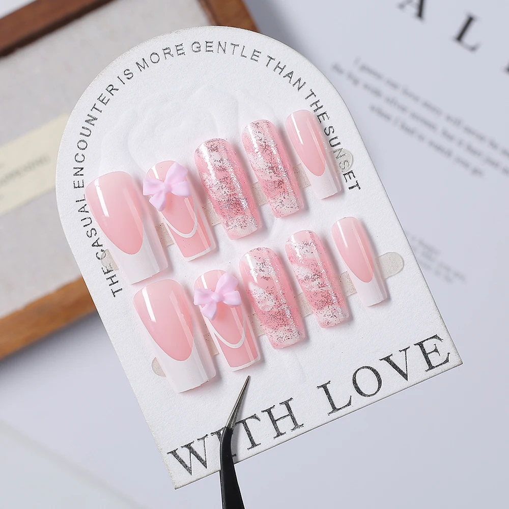 24Pcs Pink Bowknot French Fake nails Patches 3D Pink Glitter Bow Long Coffin French False Nails Full Cover Acrylic Press on nail