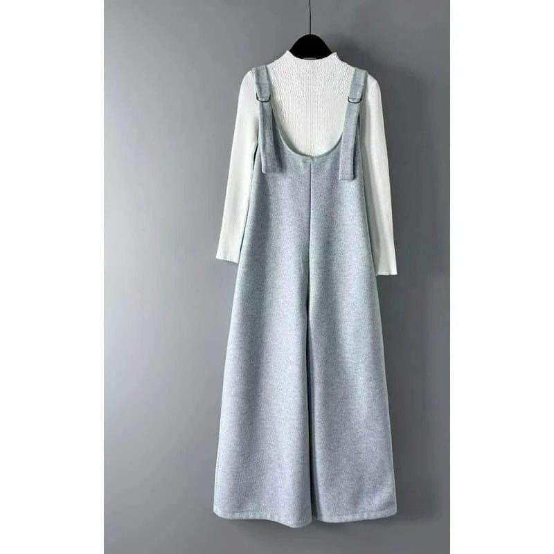 

Комбинезоны из шерстяной ткани, однотонные комбинезоны в корейском стиле, включая свитера, цельный наряд, прямые брюки, повседневные винтажные комбинезоны