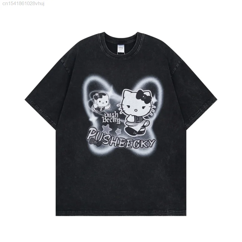 Sanrio Hello Kitty Gothic Printed Black White T-shirt Y2k Youthful Woman Clothes Summer New 2024 Oversize Top 2000s Punk Tees