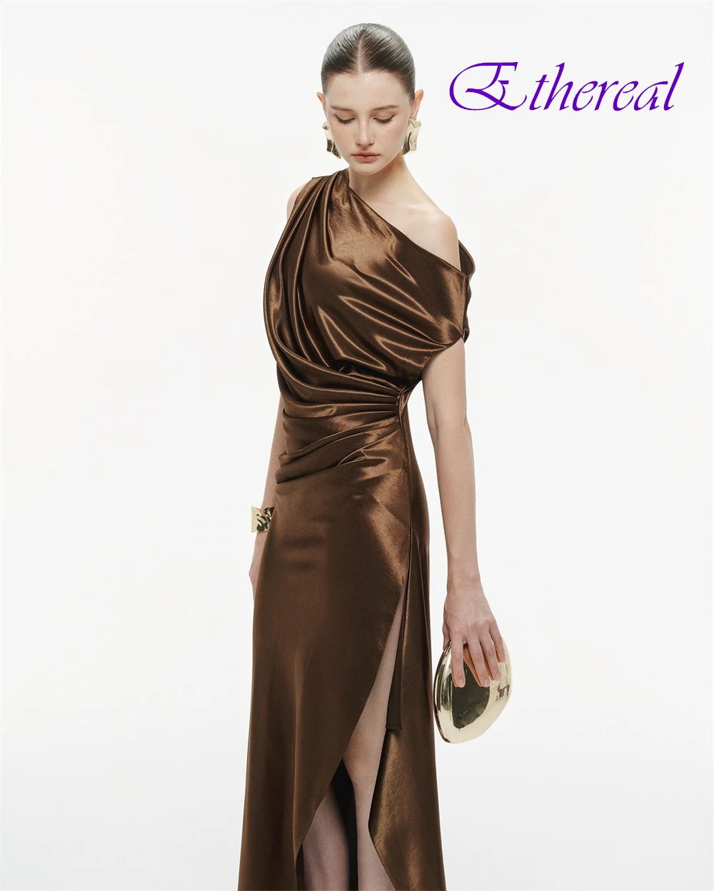 فستان سهرة أنيق بكتف واحد مخصص موضة الساتان فساتين حفلة موسيقية حساسة قطار الاجتياح فساتين المناسبات الخاصة