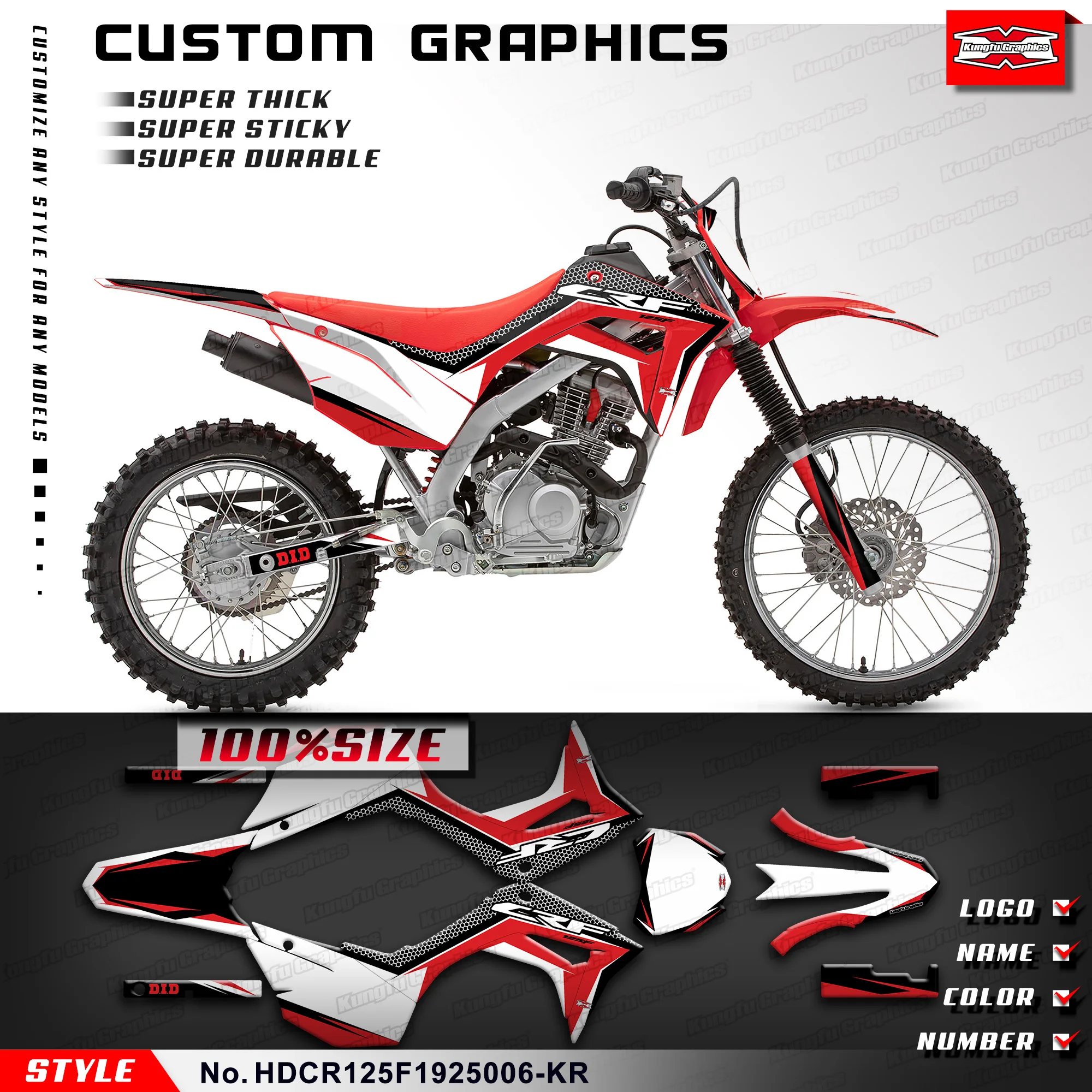 KUNGFU GRAPHICS Custom Stickers Wrapping for Honda CRF 125F CRF125F 2019 2020 2021 2022 2023 2024 2025, HDCR125F1925006-KR