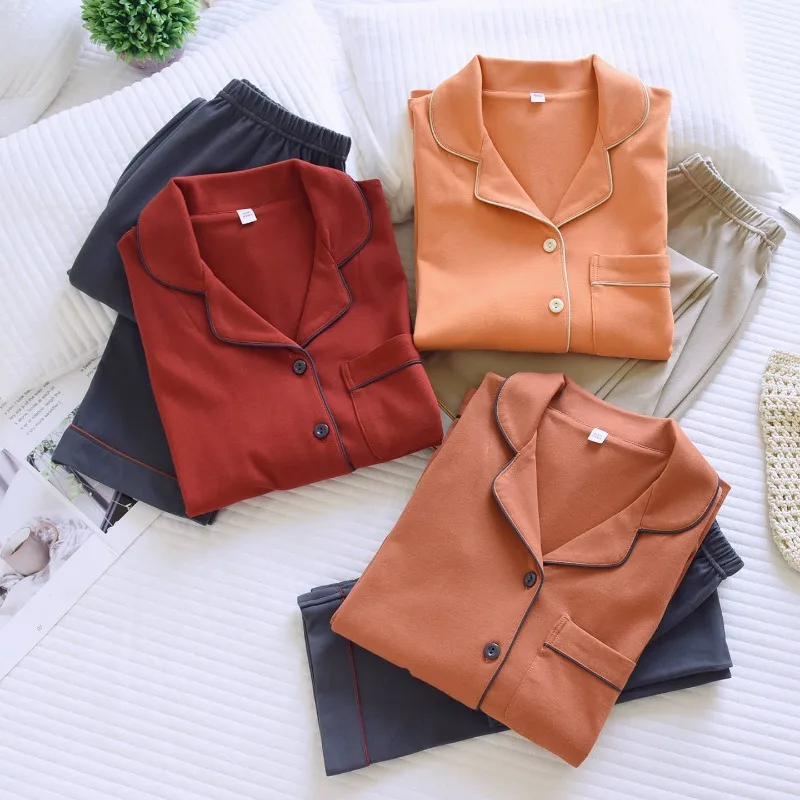 Spring and Autumn Cotton Pajamas Set Women and Men Simple Casual Loungewear Lapel Long-sleeved Trousers Sleepwear 2 Piece Sets
