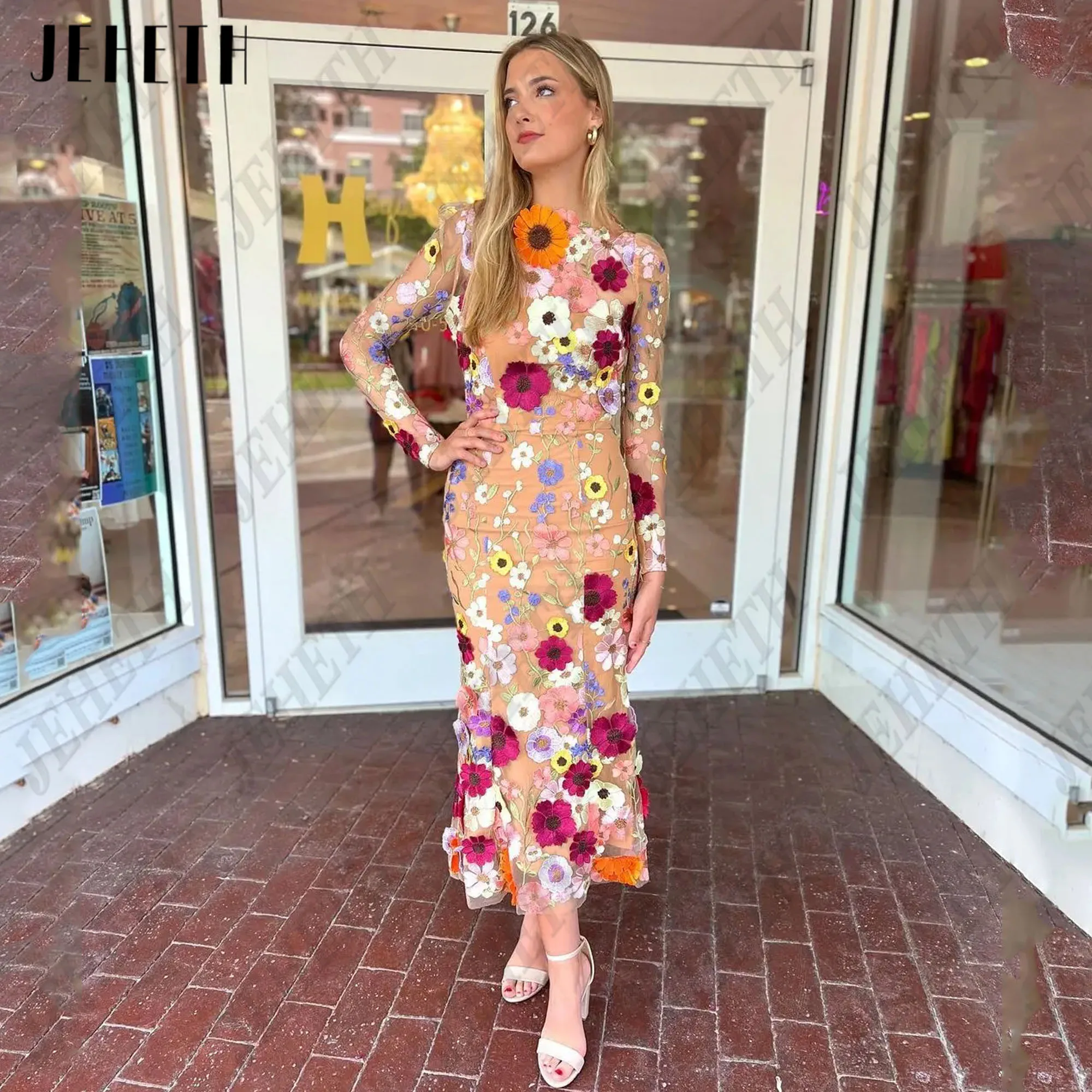 JEHETH Mermaid 3D Flowers Prom Gowns Long Sleeves O-Neck Ankle-Length فساتين سهرات Lace Champagne Party Dress Custom Woman
