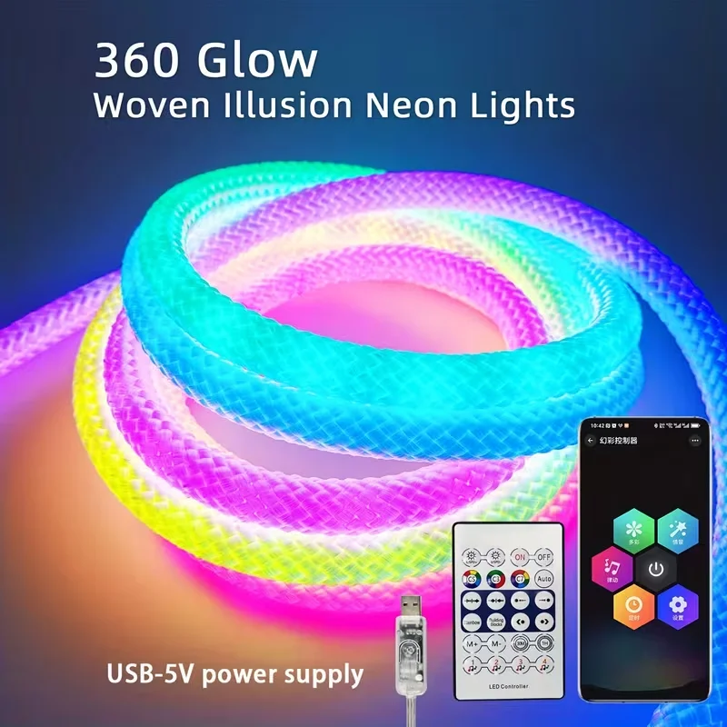 360 Glow Round RGB Neon LED Woven Strip Light 24key Bluetooth APP Remote Control 5V USB WS2812B Music Sync Rope Decor Home