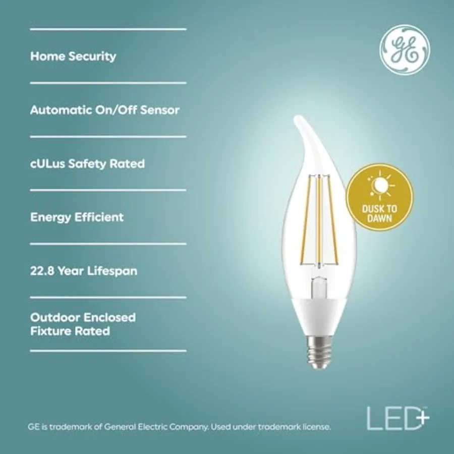 LED+ CA11 Dusk to Dawn LED Light Bulbs, Automatic On/Off Outdoor Security Lights,,E12 Candelabra Base 2 Pack