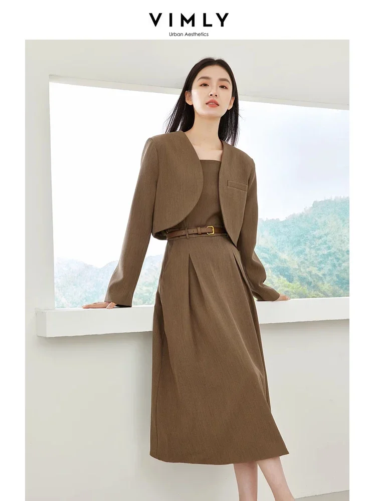 Vimly Coffee Elegant Blazer Suit Cropped Jacket A-line Pleated Midi Dress 2023 Autumn Winter New Office Lady Matching Sets M3967