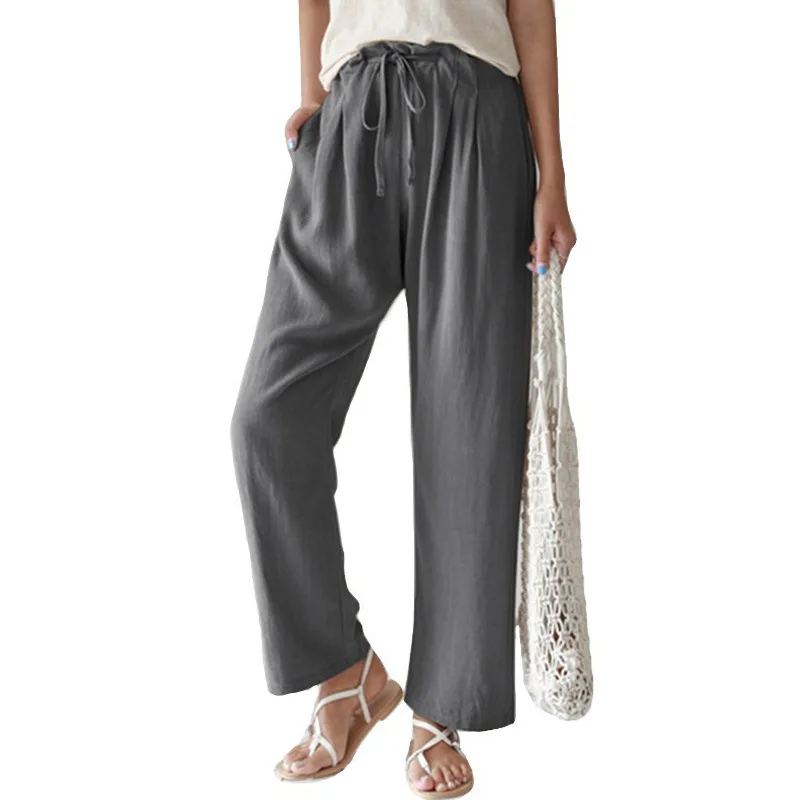 

New Women's Loose Casual Pants Solid Color Elastic Waist Lace-up Straight Trousers Women