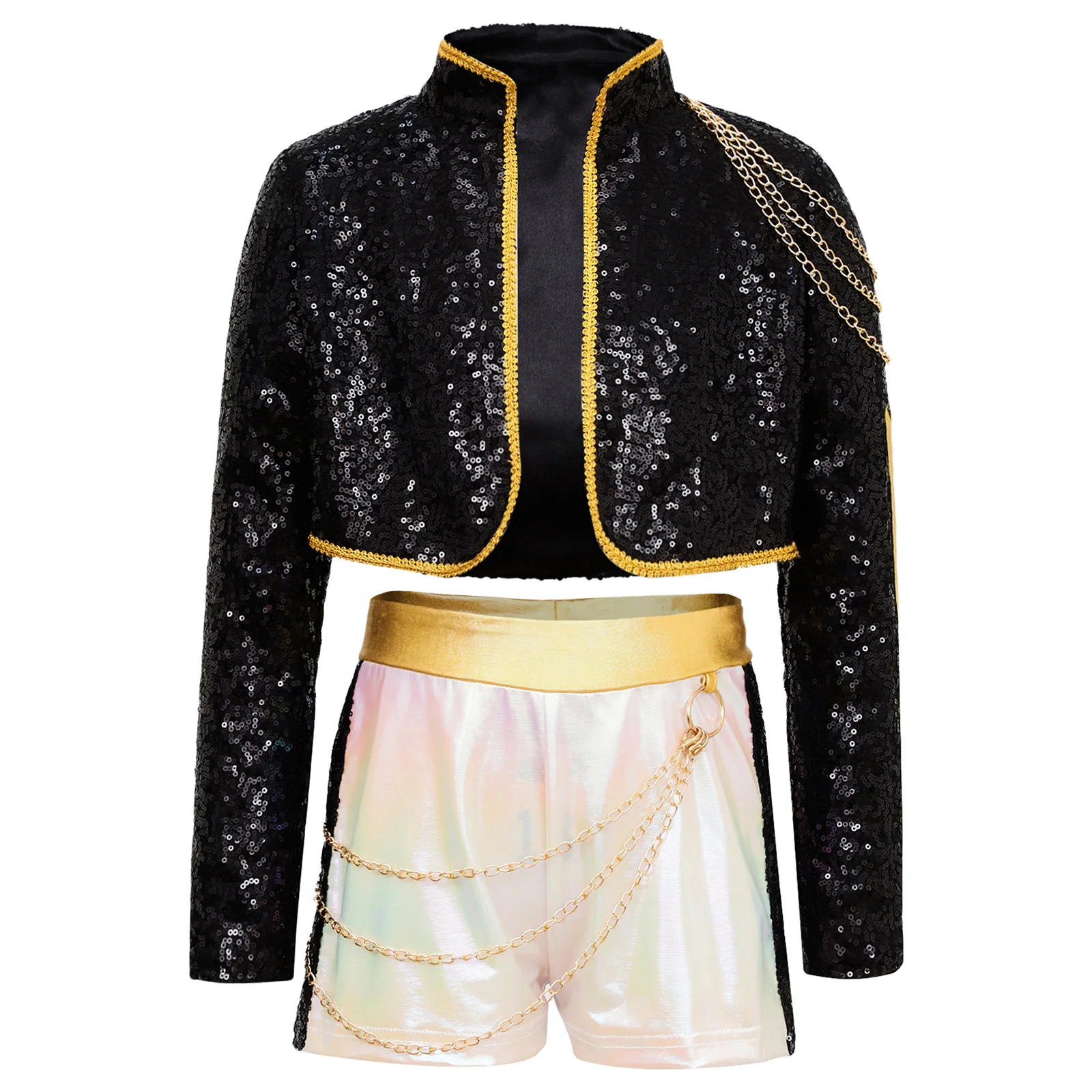 الفتيات شيطان تأثيري المغني الرقص الزي حزب زي الترتر لامعة طويلة الأكمام سترة مع سلسلة ذهبية وسراويل سلسلة الخصر