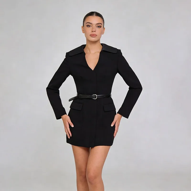 V Neck No Hood Suit with Concealed Button Placket Regular Length Elegant Professional Long Sleeve Patchwork Jacket Women