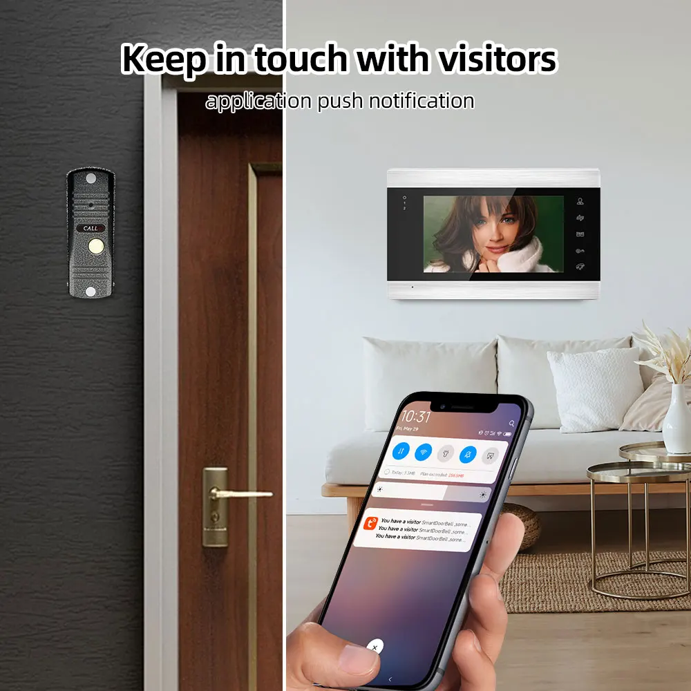 Wireless WiFi Video Intercom System 1080P Smart Video Doorbell Home 7inch Screen with TUYA APP Unlock support mobile detection