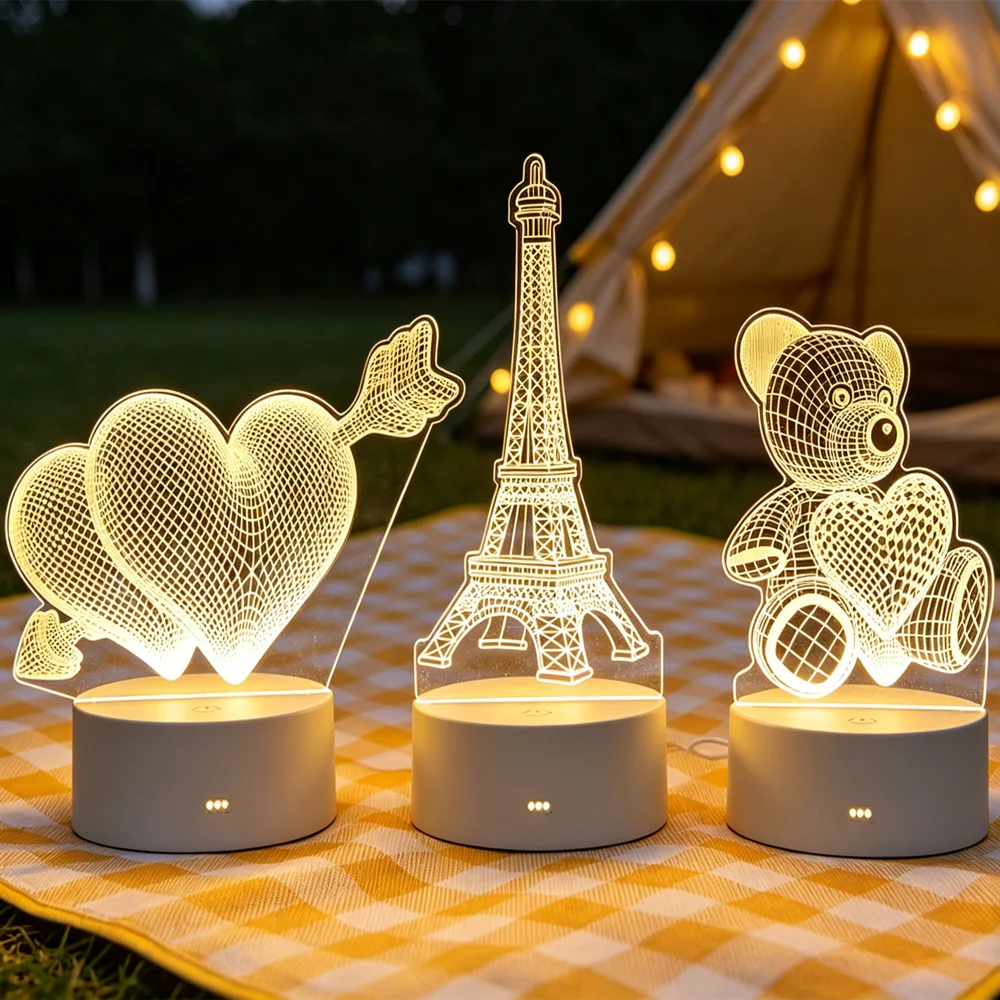 USB 3D Acrylic Lamp Wedding Party Christmas Holiday Decorations LED Night Light for Bedroom Home Birthday Gifts Creative Design