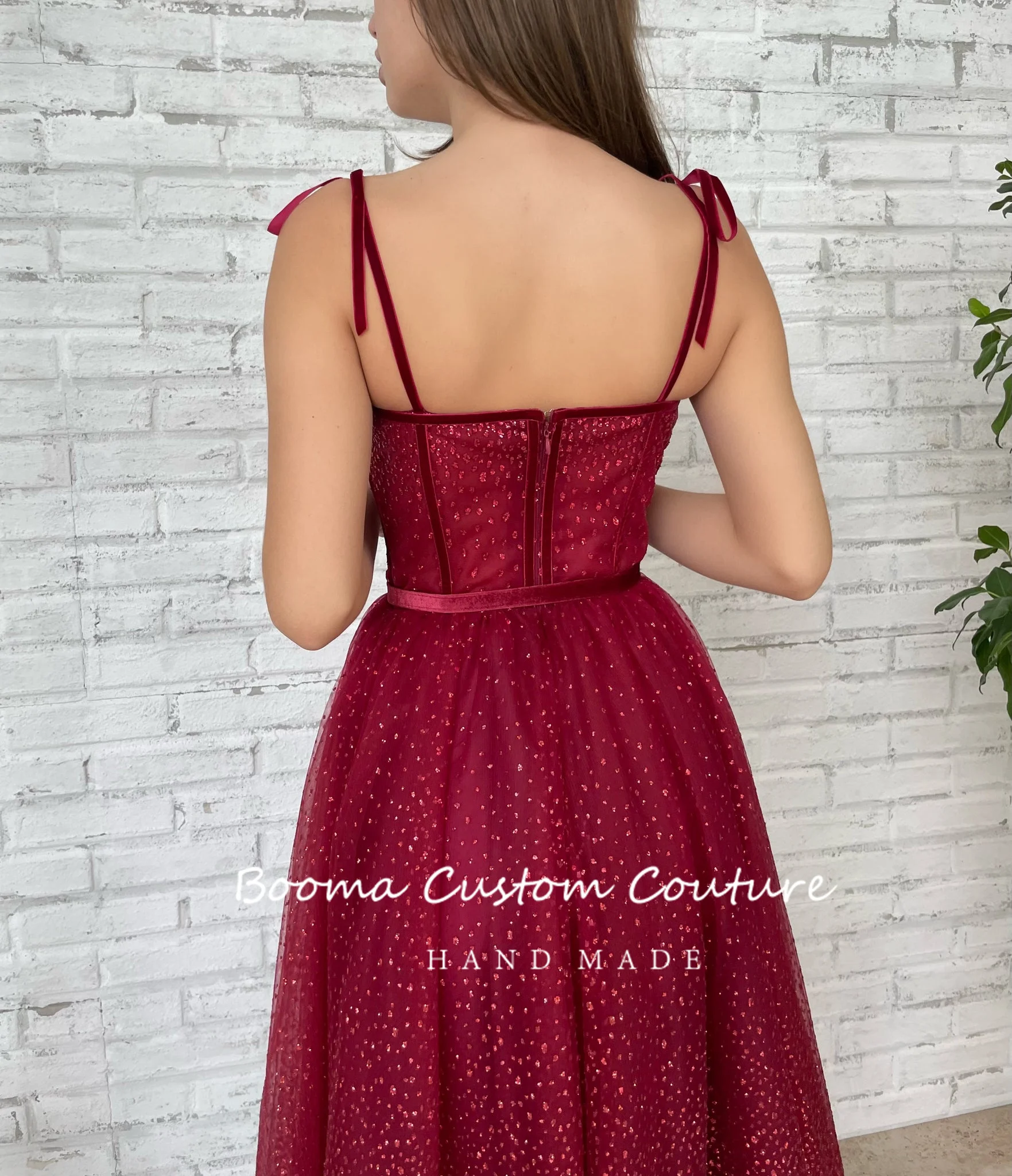 Booma Gaun Prom Tulle Glitter Warna Merah Anggur Gaun Pesta Pernikahan A-Line Panjang Teh Tali Terikat Manis Gaun Malam Formal Midi