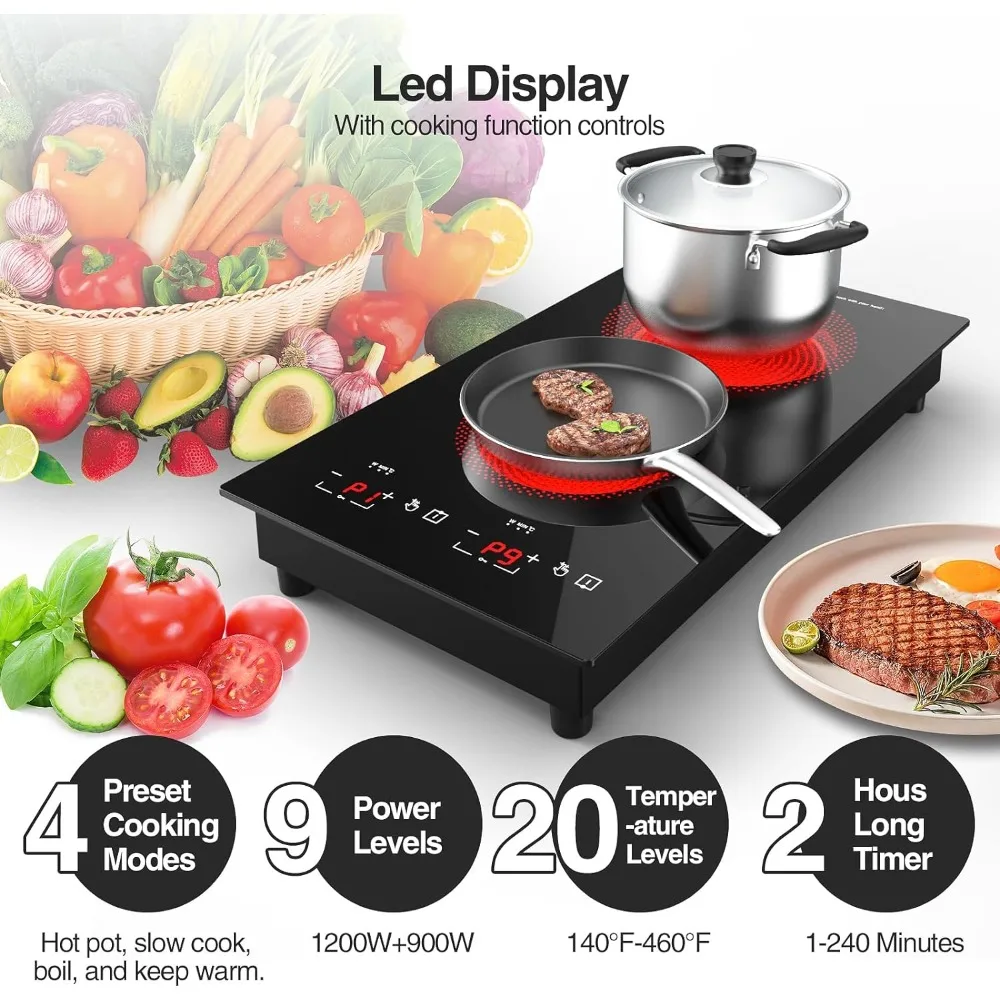 POTFYA-Cooktop Elétrico de Bancada com Bloqueio de Segurança Infantil, 2 Queimadores, Temporizador de Temperatura Over, 120V