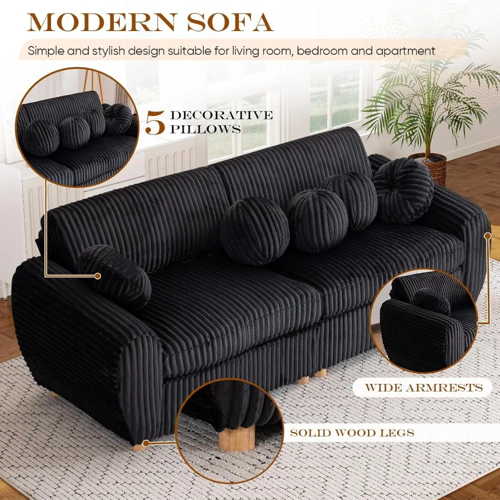 Большой вельветовый двухместный диван, 2/3-местный диван для отдыха с глубоким сиденьем и 5 декоративными подушками, удобный ситин, похожий в облаке