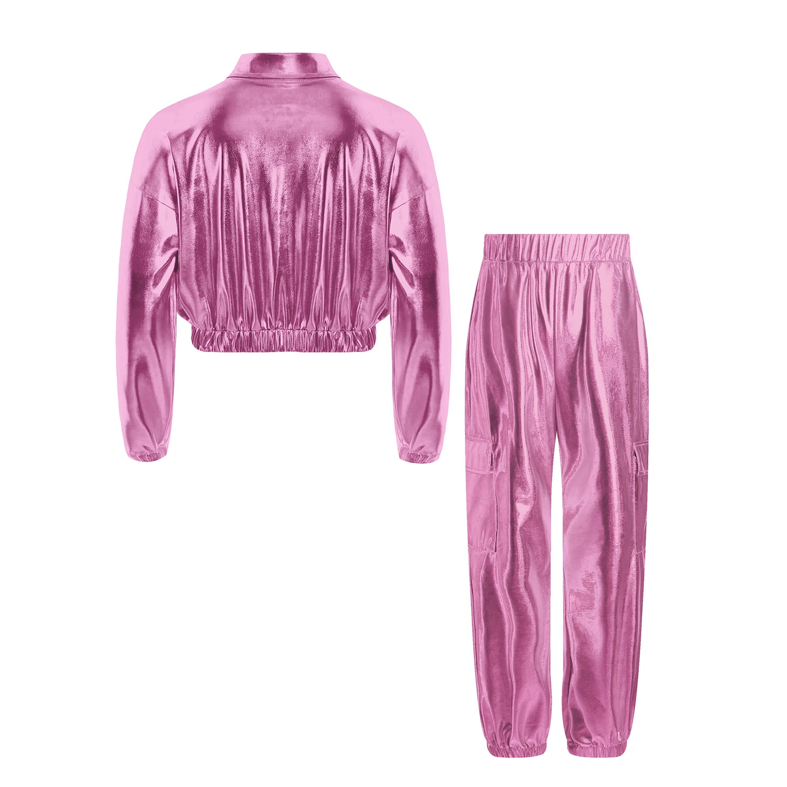Kinder Jungen Mädchen Jazz Hip-Hop Street Dance Performance Kostüm Metallisch glänzend Langarm Sportjacke Mantel mit Hosen Outfits – Detail 33