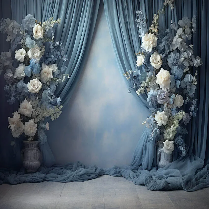 8x8FT Light Blue Gauze Curtain Floral Flowers Frame Costume Model Custom Photo Background Backdrop Seamless Vinyl 240cm x 240cm