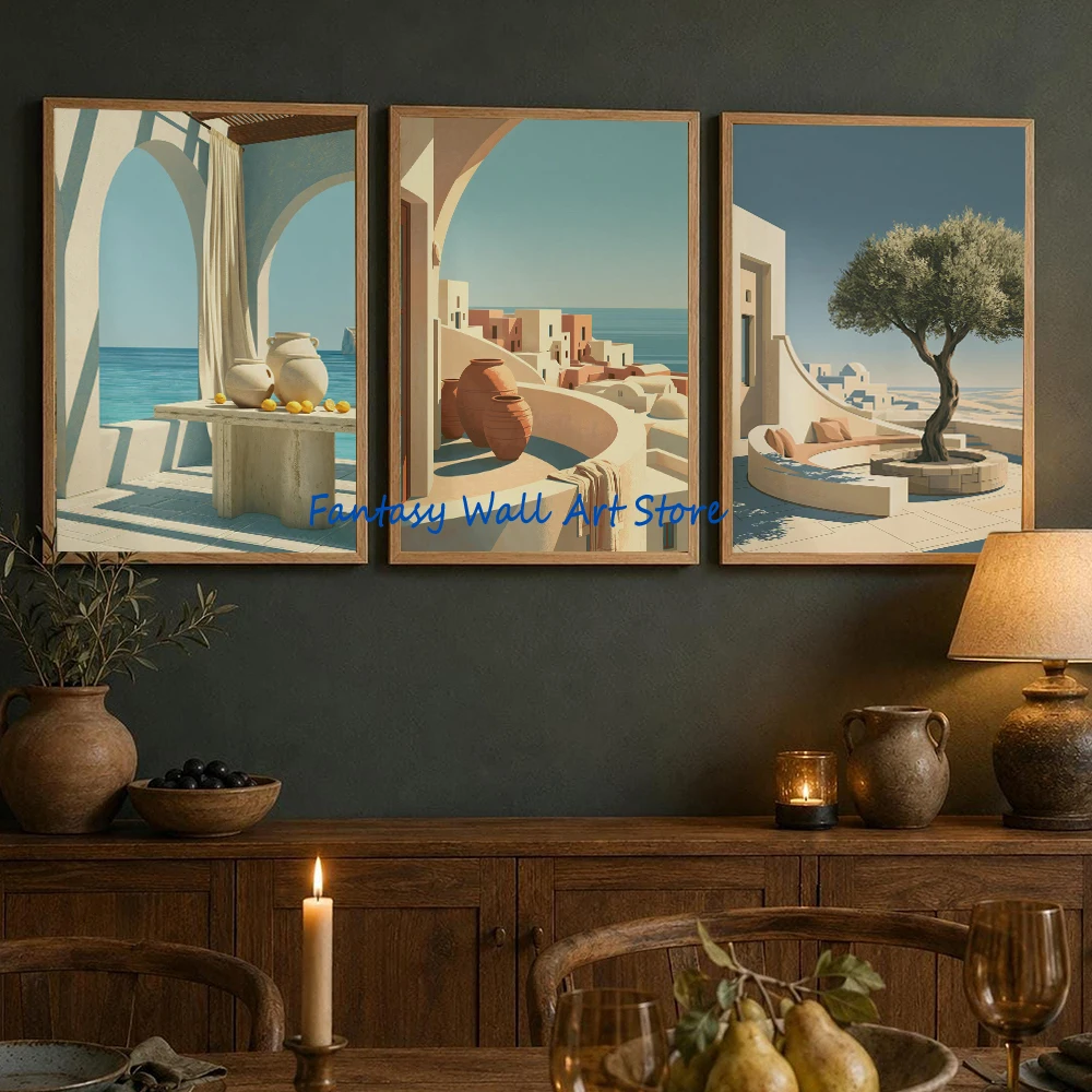 Mediterranean Terrace Courtyard Lemon Arch Sea View Santorini Village Aegean Sea Poster Canvas Painting Wall Pictures Home Decor