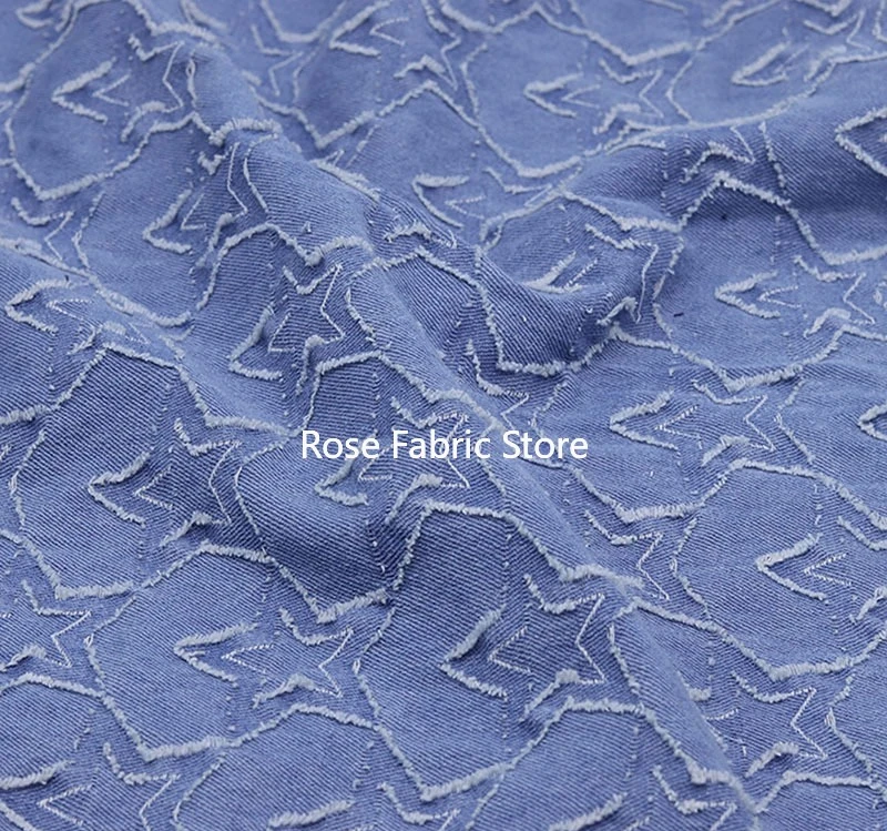 1 meter 3D star-patterned jacquard washed denim fabric for clothing, shirts, jeans, dresses, hats, and shoes.