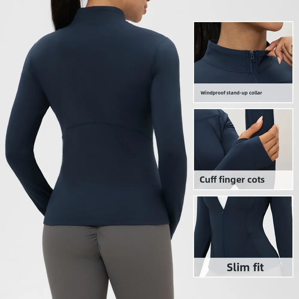 Autumn and winter fleece yoga coat, women's tight waist-cinching and slimming sports running top, warm fitness training coat