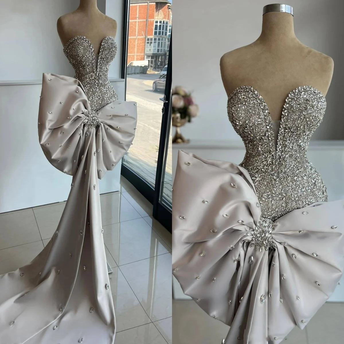 セクシーな恋人クリスタルマーメイドウェディングドレス高級ビーズノースリーブブライダルドレス蝶ネクタイ花嫁ドレスカスタマイズ