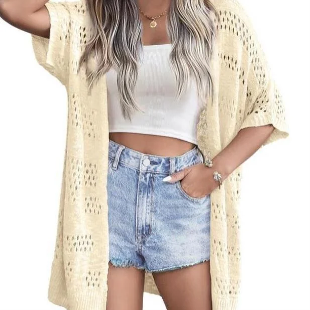 

Lightweight Summer Crochet Open Cardigan ort Sve Women's Sle Ciwalk Coolmax Fiber Collar Nine Sve Length