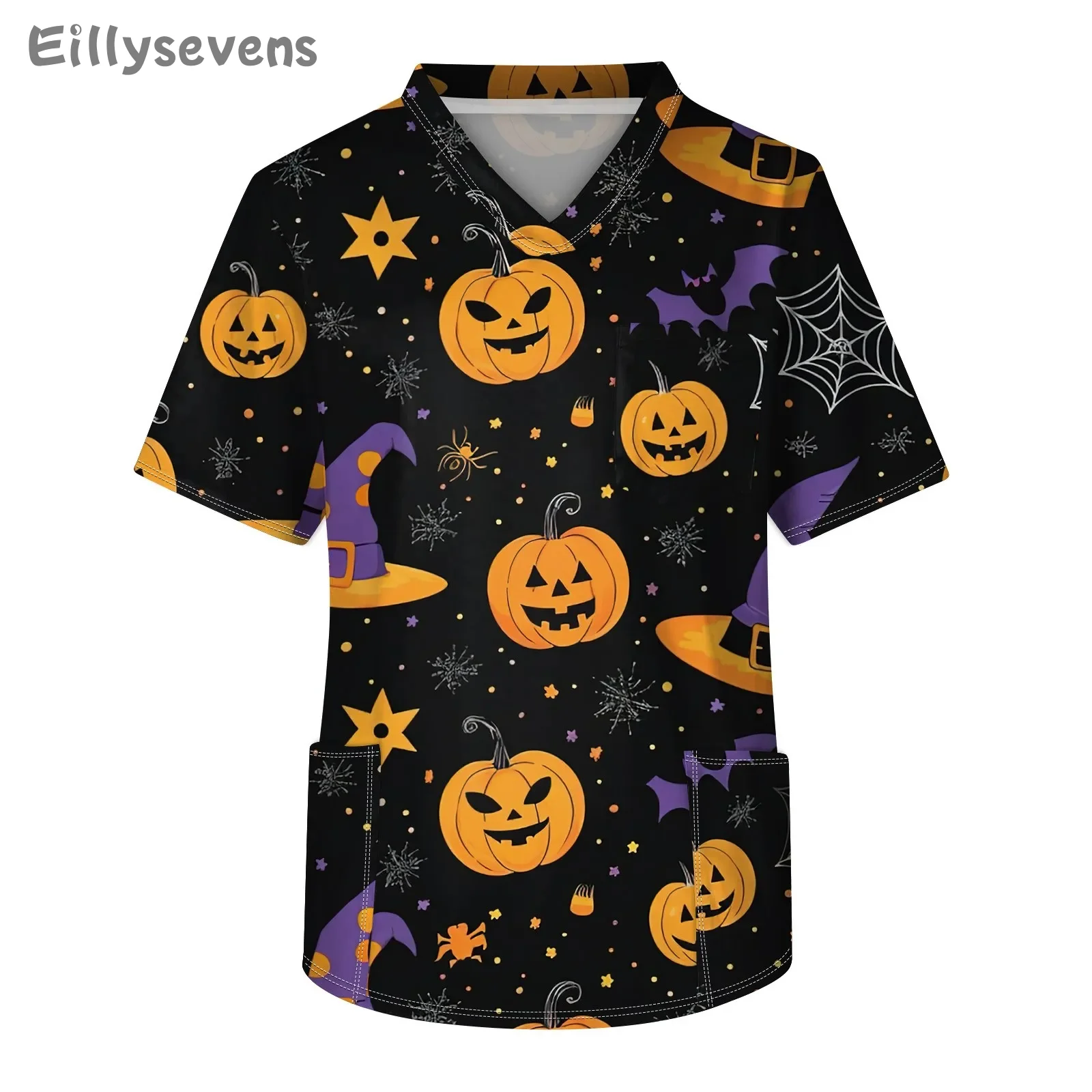 Men's Short Sleeve V-Neck Halloween Print Chest Pocket Care Top Medical Uniforms tops Men's blouse Workwear Clinical Work Wear