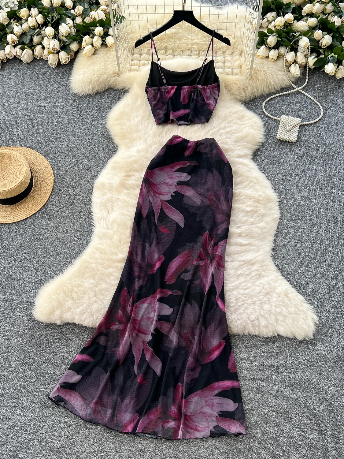 Pure Desire Summer Print ter Ne Strap Vest High Waist Bodycon  Skirt Holiday Two Piece Set for Young Women