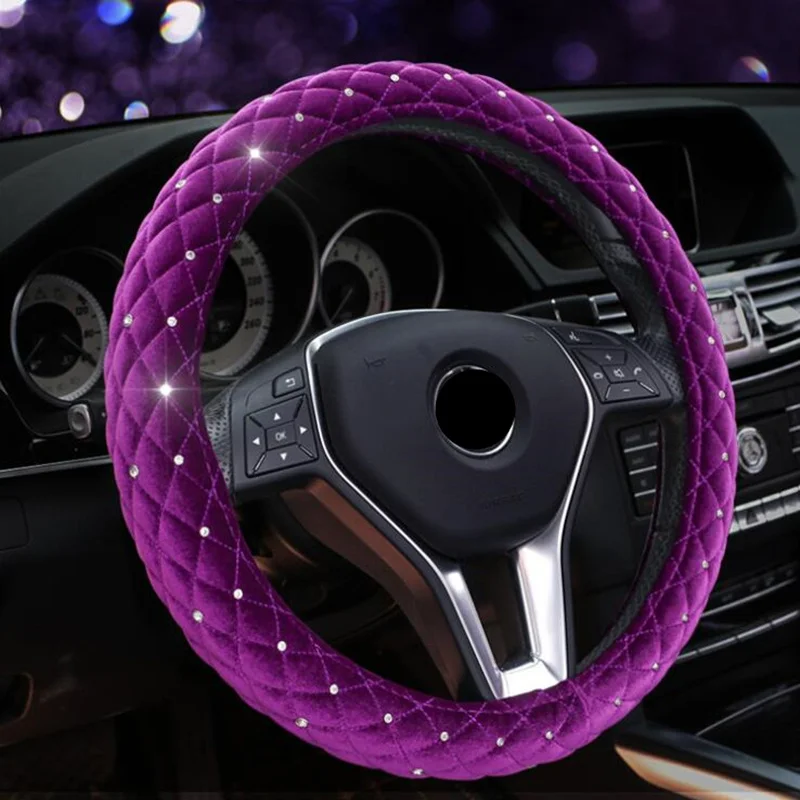 Crystal Diamond Car Steering Wheel Covers for Women Girl Plush Rhinestone covered Steering-Wheel Interior Accessories