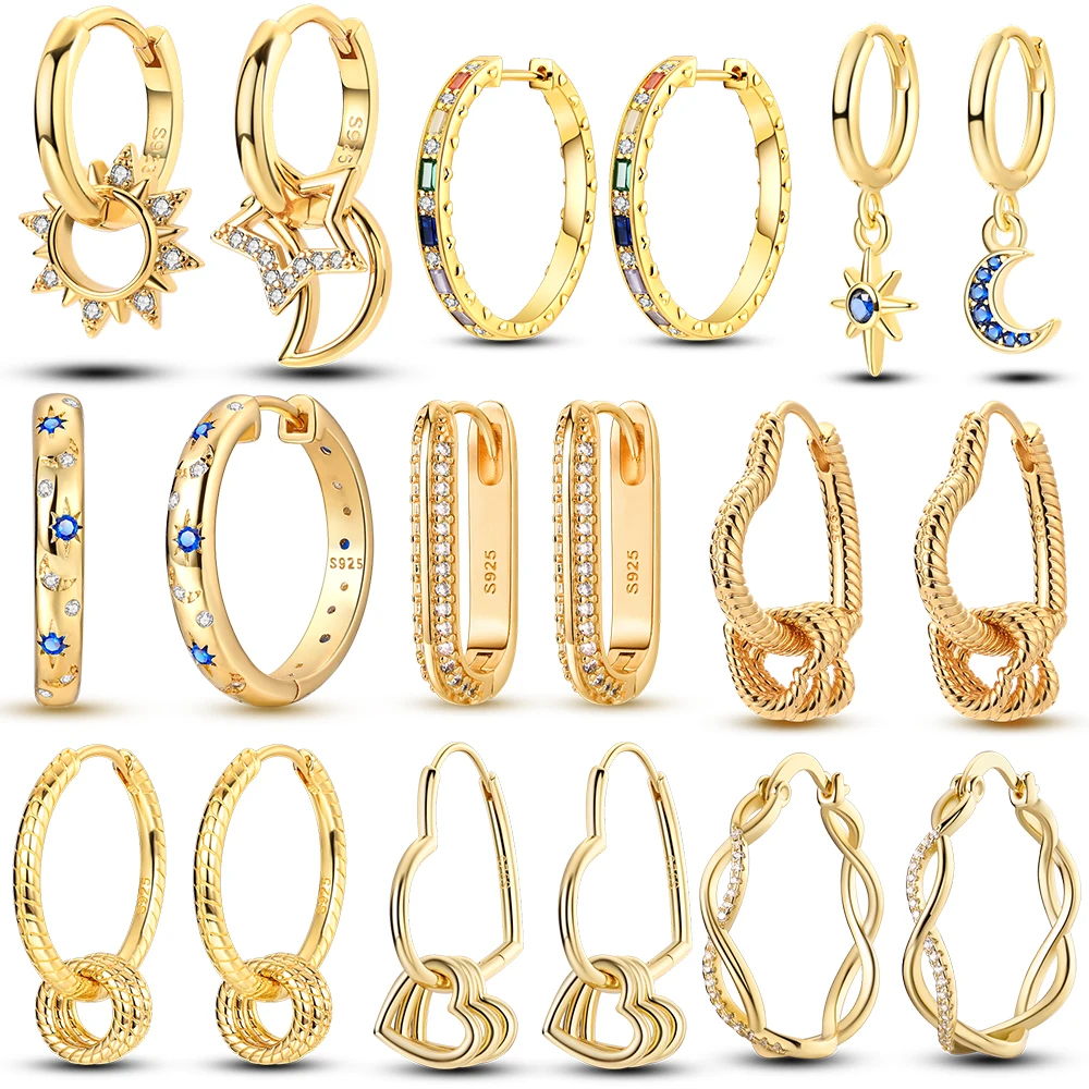

925 Sterling Silver Gold Color Circular Hoop Earrings Golden Earring Fit Original Charms Diy Fine Jewelry For Fashion Women
