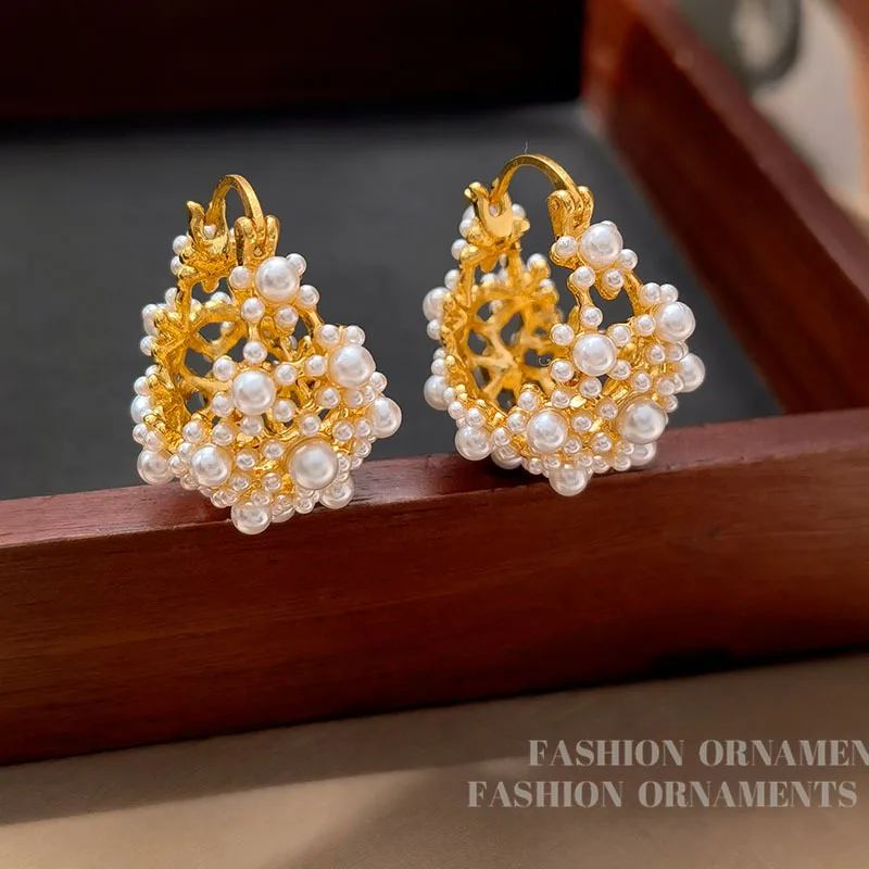 Fashion Jewelry Vintage Temperament Simulated Pearl Flower Basket Earrings For Women Female Gifts Delicate Design Accessories